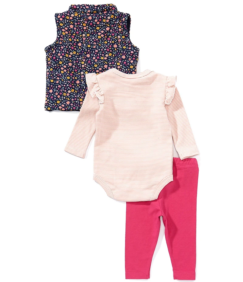 Adventurewear 360 Baby Girls Knit Floral Vest, Stripe Bodysuit, and Solid Leggings Set