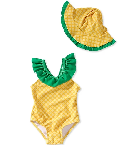 Adventurewear 360 Baby Girls Pineapple Print Ruffle One-Piece Swimsuit & Hat