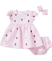 Adventurewear 360 Baby Girls Round Neck Cap Sleeve Seersucker Gingham Strawberry Embroidery Dress