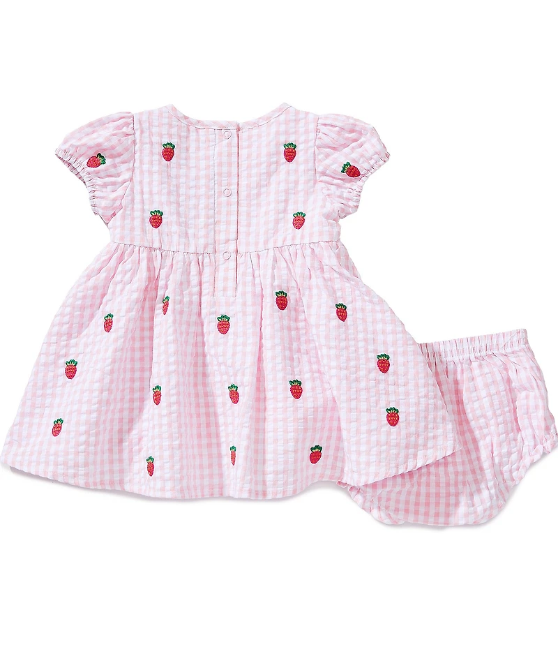 Adventurewear 360 Baby Girls Round Neck Cap Sleeve Seersucker Gingham Strawberry Embroidery Dress