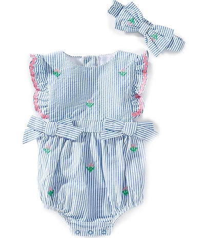 Adventurewear 360 Baby Girls Flutter Sleeve Ric-Rac Trim Seersucker Embroidered Flowers Bow Detail Bubble Romper