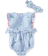 Adventurewear 360 Baby Girls Flutter Sleeve Ric-Rac Trim Seersucker Embroidered Flowers Bow Detail Bubble Romper