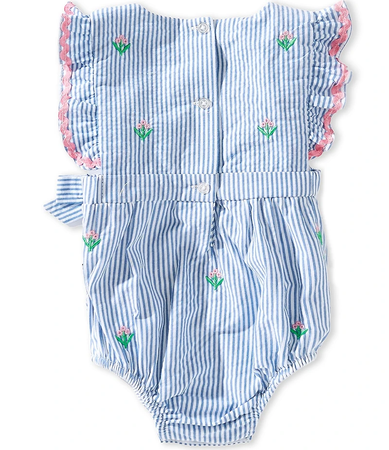 Adventurewear 360 Baby Girls Flutter Sleeve Ric-Rac Trim Seersucker Embroidered Flowers Bow Detail Bubble Romper