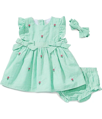Adventurewear 360 Baby Girls Flutter Sleeve Seersucker Embroidered Flower Bows Dress