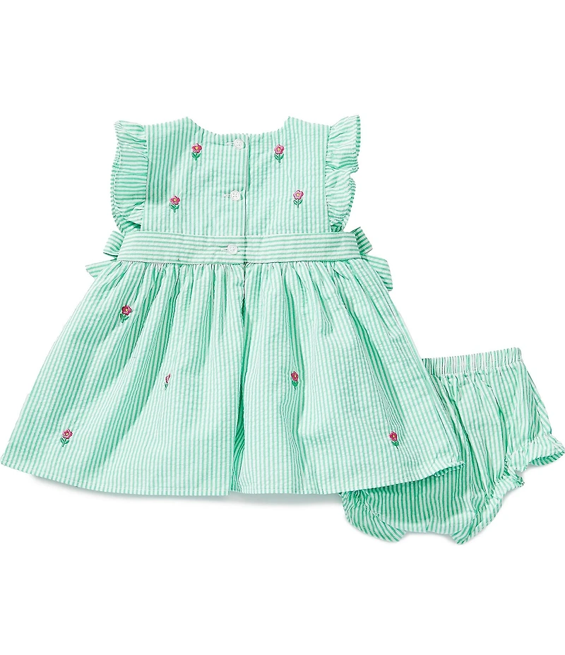 Adventurewear 360 Baby Girls Flutter Sleeve Seersucker Embroidered Flower Bows Dress