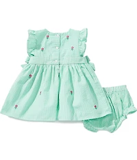 Adventurewear 360 Baby Girls Flutter Sleeve Seersucker Embroidered Flower Bows Dress