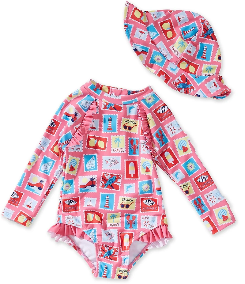 Adventurewear 360 Baby Girls Stamp Print Long Sleeve Rashgaurd Ruffle One-Piece Swimsuit