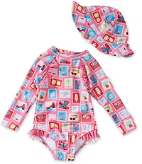 Adventurewear 360 Baby Girls Stamp Print Long Sleeve Rashgaurd Ruffle One-Piece Swimsuit