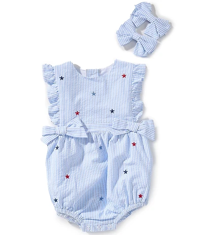Adventurewear 360 Baby Girls Americana Star Print Seersucker Bow Romper & Hair Bows