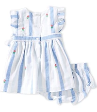 Adventurewear 360 Baby Girls Flutter Sleeve Stripe Embroidered Flowers Bows Dress