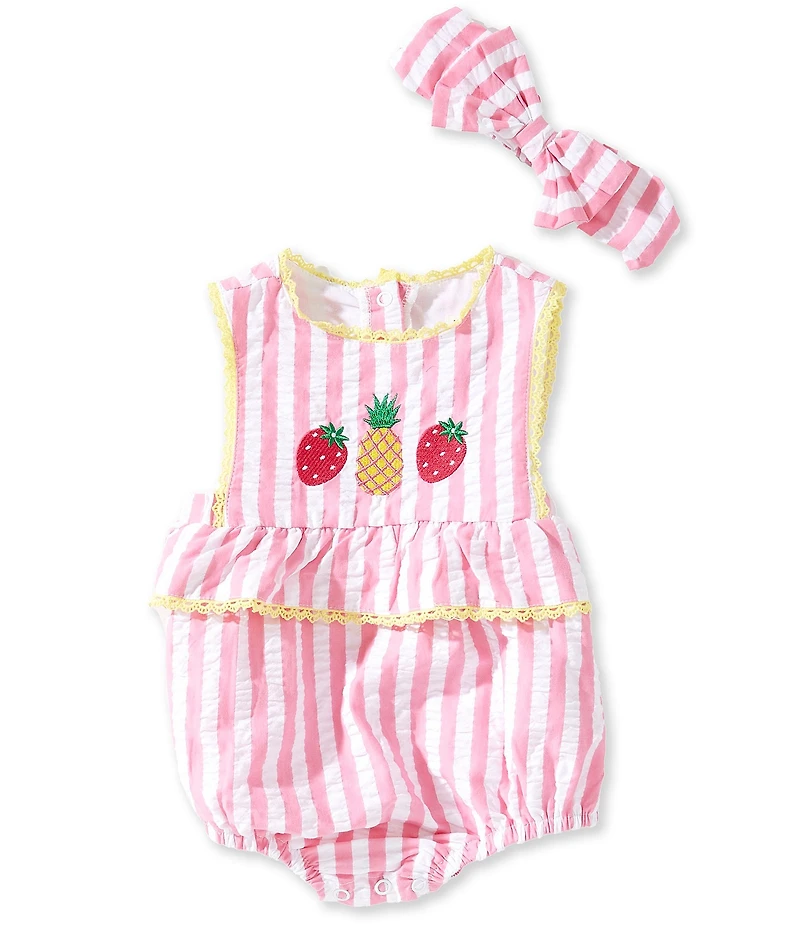 Adventurewear 360 Baby Girls Sleeveless Striped Lace Trim Embroidered Fruit Bubble & Bow Set