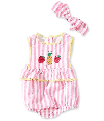 Adventurewear 360 Baby Girls Sleeveless Striped Lace Trim Embroidered Fruit Bubble & Bow Set