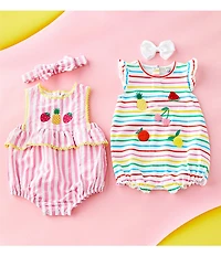 Adventurewear 360 Baby Girls Sleeveless Striped Lace Trim Embroidered Fruit Bubble & Bow Set