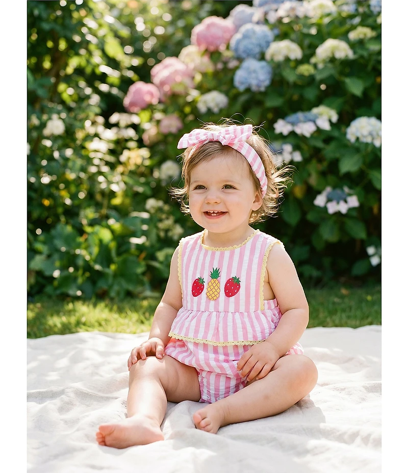 Adventurewear 360 Baby Girls Sleeveless Striped Lace Trim Embroidered Fruit Bubble & Bow Set