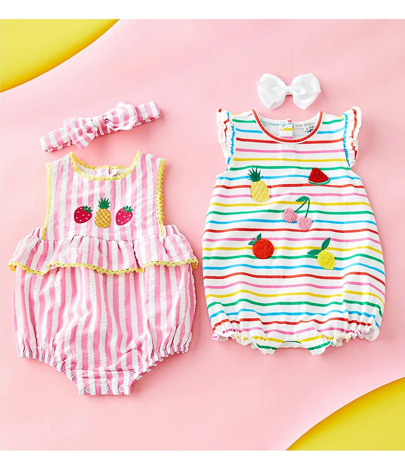 Adventurewear 360 Baby Girls Sleeveless Striped Lace Trim Embroidered Fruit Bubble & Bow Set