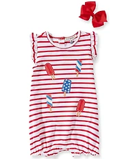 Adventurewear 360 Baby Girls Americana Stripe Popsicle Print Sleeveless Romper & Hairbow
