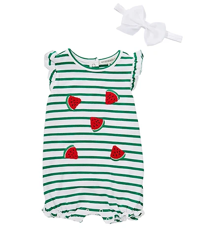 Adventurewear 360 Baby Girls Flutter Sleeve Watermelon Embroidery Striped Bubble Romper