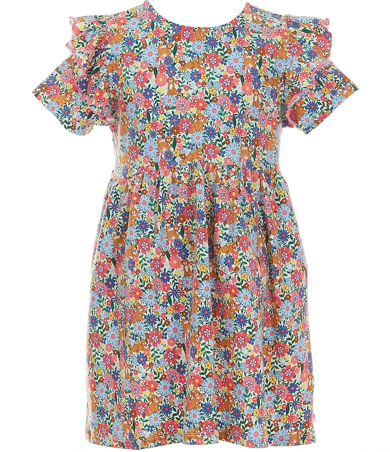 Adventurewear 360 Little Girls Puppy Floral Print Round Neck Cap Sleeve Shift Dress