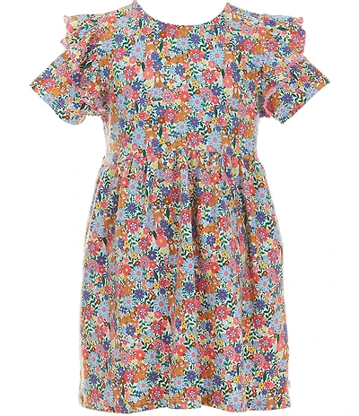 Adventurewear 360 Little Girls Puppy Floral Print Round Neck Cap Sleeve Shift Dress