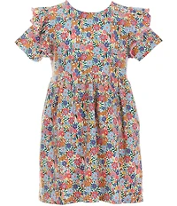 Adventurewear 360 Little Girls Puppy Floral Print Round Neck Cap Sleeve Shift Dress