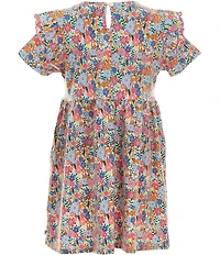 Adventurewear 360 Little Girls Puppy Floral Print Round Neck Cap Sleeve Shift Dress
