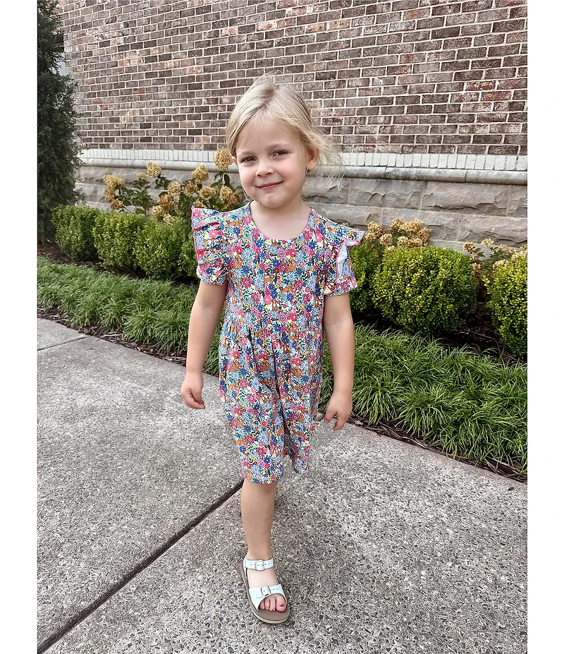 Adventurewear 360 Little Girls Puppy Floral Print Round Neck Cap Sleeve Shift Dress