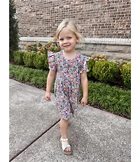 Adventurewear 360 Little Girls Puppy Floral Print Round Neck Cap Sleeve Shift Dress