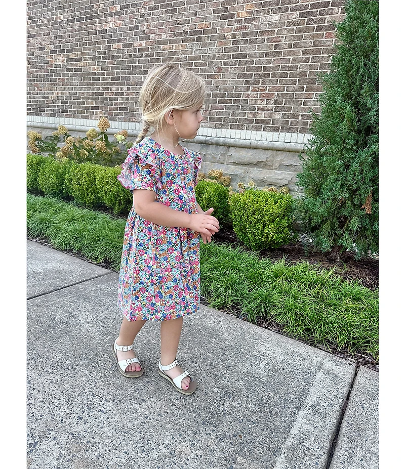 Adventurewear 360 Little Girls Puppy Floral Print Round Neck Cap Sleeve Shift Dress