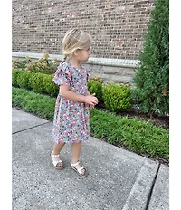 Adventurewear 360 Little Girls Puppy Floral Print Round Neck Cap Sleeve Shift Dress
