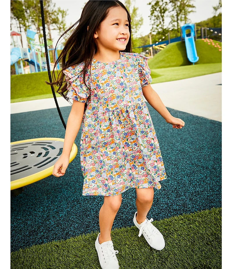 Adventurewear 360 Little Girls Puppy Floral Print Round Neck Cap Sleeve Shift Dress