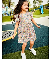 Adventurewear 360 Little Girls Puppy Floral Print Round Neck Cap Sleeve Shift Dress
