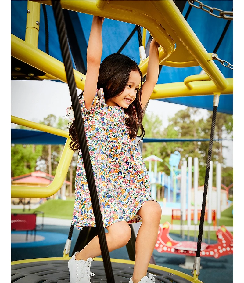 Adventurewear 360 Little Girls Puppy Floral Print Round Neck Cap Sleeve Shift Dress