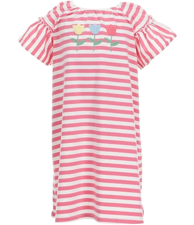 Adventurewear 360 Little Girls Embroidered Floral Stripe Print Short Sleeve Dress