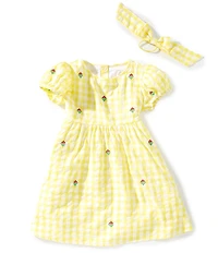 Adventurewear 360 Little Girls Gingham Seersucker Floral Embroidered Puff Sleeve Dress