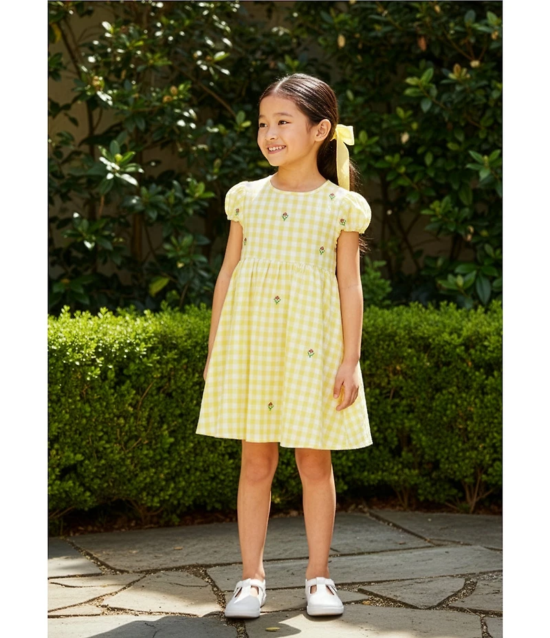 Adventurewear 360 Little Girls Gingham Seersucker Floral Embroidered Puff Sleeve Dress