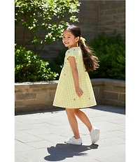 Adventurewear 360 Little Girls Gingham Seersucker Floral Embroidered Puff Sleeve Dress