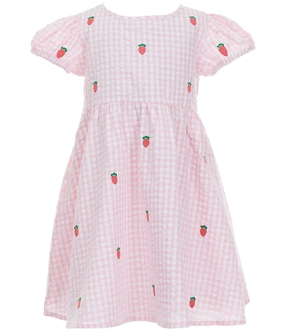 Adventurewear 360 Little Girls Gingham Seersucker Strawberry Embroidered Puff Sleeve Dress