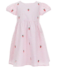 Adventurewear 360 Little Girls Gingham Seersucker Strawberry Embroidered Puff Sleeve Dress