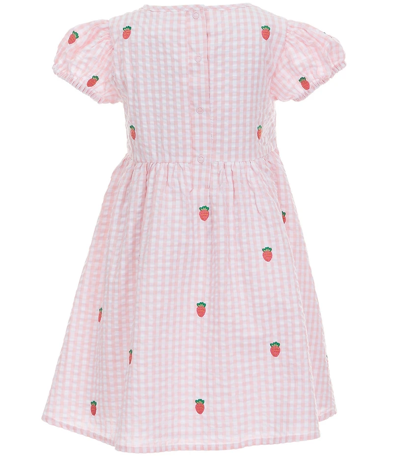 Adventurewear 360 Little Girls Gingham Seersucker Strawberry Embroidered Puff Sleeve Dress