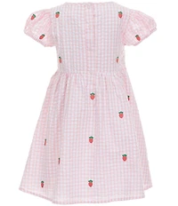 Adventurewear 360 Little Girls Gingham Seersucker Strawberry Embroidered Puff Sleeve Dress