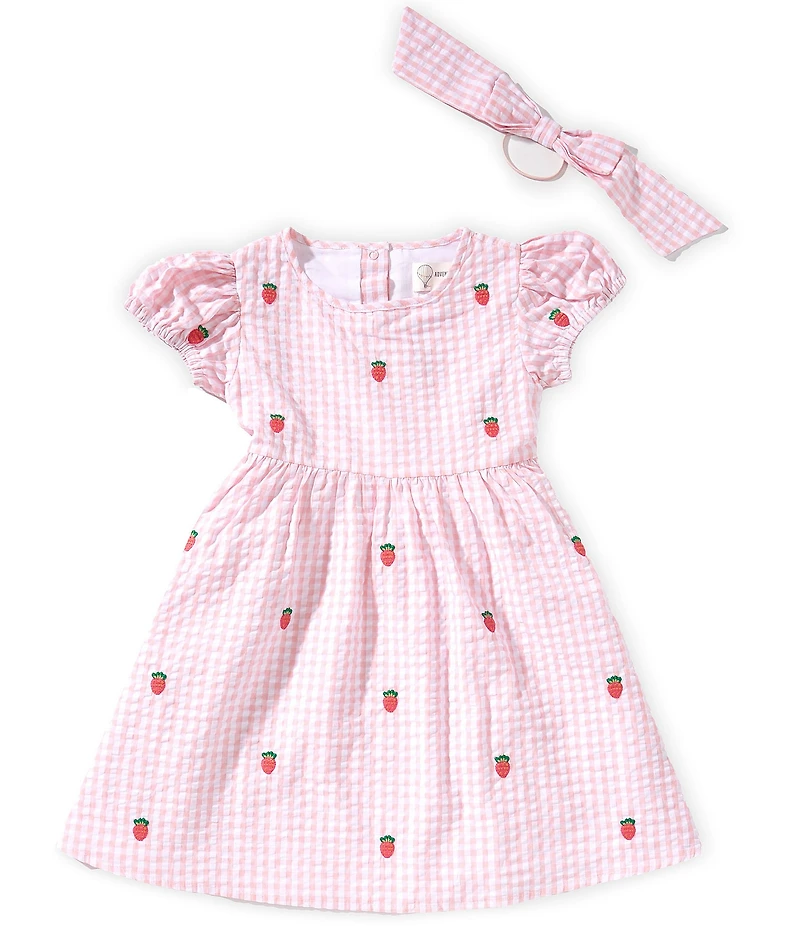 Adventurewear 360 Little Girls Gingham Seersucker Strawberry Embroidered Puff Sleeve Dress