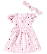 Adventurewear 360 Little Girls Gingham Seersucker Strawberry Embroidered Puff Sleeve Dress