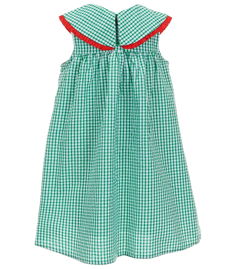 Adventurewear 360 Little Girls Sleeveless Round Collar Ruffle Trim Watermelon Applique Checked Gingham Seersucker Dress
