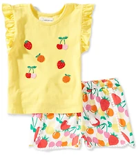 Adventurewear 360 Little Girls Scoop Neck Short Sleeve Fruit Applique Tee & Printed Shorts Set