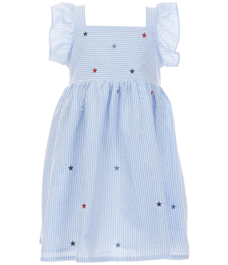Adventurewear 360 Little Girls Americana Star Print Sleeveless Square Neck Pinstripe Seersucker Dress