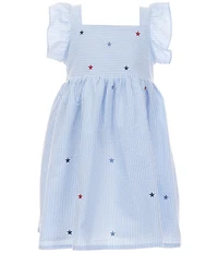 Adventurewear 360 Little Girls Americana Star Print Sleeveless Square Neck Pinstripe Seersucker Dress