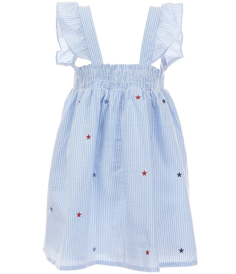 Adventurewear 360 Little Girls Americana Star Print Sleeveless Square Neck Pinstripe Seersucker Dress