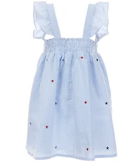 Adventurewear 360 Little Girls Americana Star Print Sleeveless Square Neck Pinstripe Seersucker Dress