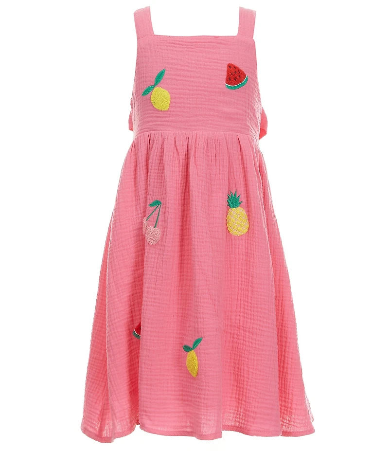 Adventurewear 360 Little Girls Square Neck Sleeveless Fruit Applique Bow Detail Dress