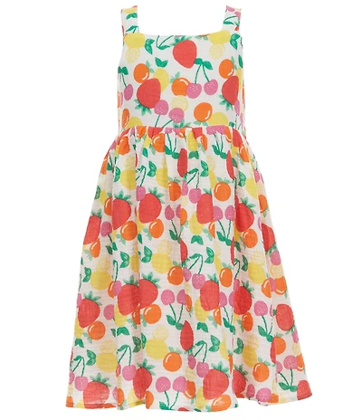 Adventurewear 360 Little Girls Square Neck Sleeveless Fruit Print Bow Detail Dress